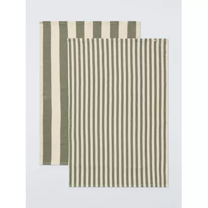 John Lewis Professional Striped Waffle Cotton Tea Towels, Set of 2 Avocado | H0.50 x W50 x D70cm