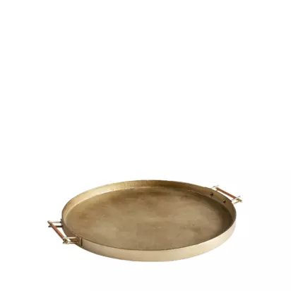 Pottery Barn Beltic Round Aluminium Tray with Leather Wrap Handles, Brass Brass | H3 x W51 x D51cm