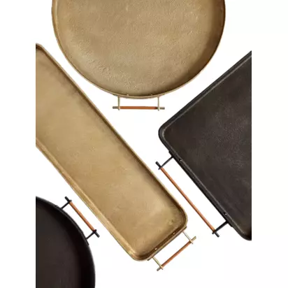 Pottery Barn Beltic Round Aluminium Tray with Leather Wrap Handles, Brass Brass | H3 x W51 x D51cm