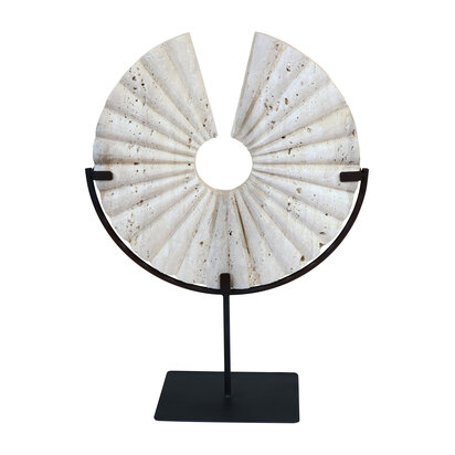 Tibor Travertine Disc Sculpture with Black Metal Base