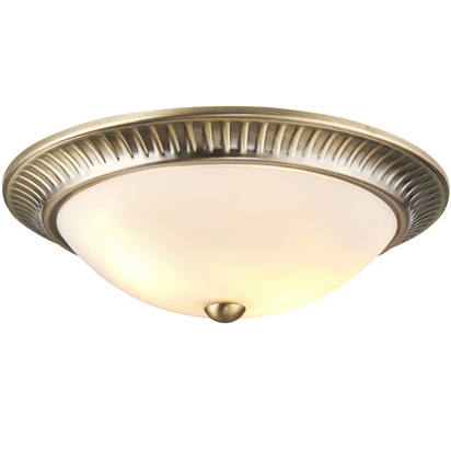 Harborne 2lt flush Flush light Antique brass plate & frosted glass