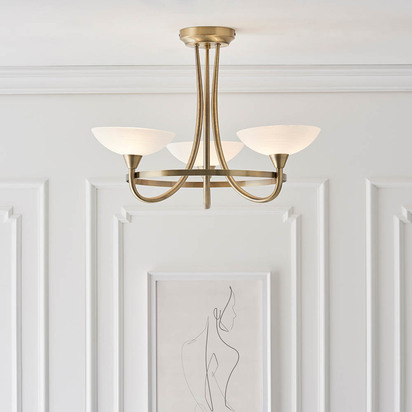 Leyton 3lt semi flush Semi flush light Antique brass plate & white glass