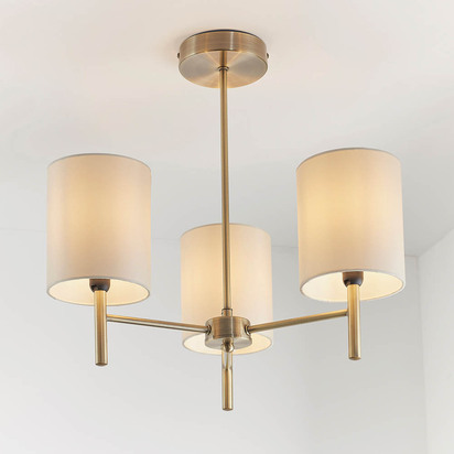 Hartfield 3lt semi flush Semi flush light Antique brass plate & cream fabric