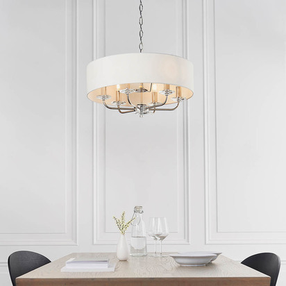 Brentmont 6lt pendant Pendant light Bright nickel plate & vintage white fabric