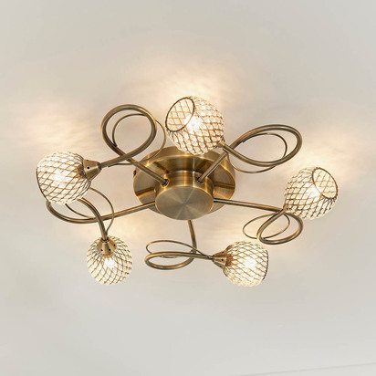 Avondale 5lt semi flush Semi flush light Antique brass plate with clear glass & antique brass wire