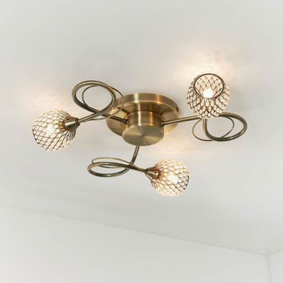 Avondale 3lt semi flush Semi flush light Antique brass plate with clear glass & antique brass wire