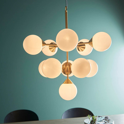 Briarstead 11lt pendant Pendant light Satin brass plate & gloss white glass