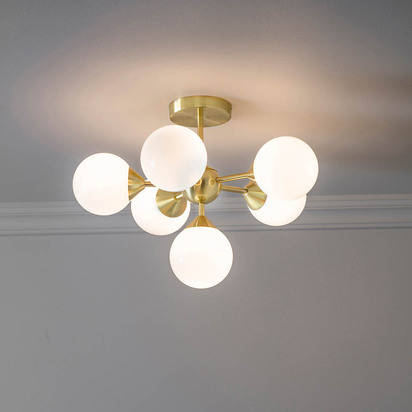 Briarstead 6lt semi flush Semi flush light Satin brass plate & gloss white glass