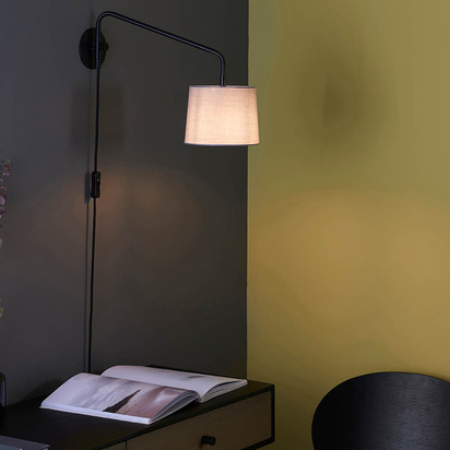 Oakley Wall plug in Wall light Matt black & light grey fabric