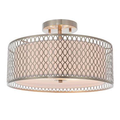 Twickenham 3lt flush Flush light Satin nickel plate, white fabric & frosted glass