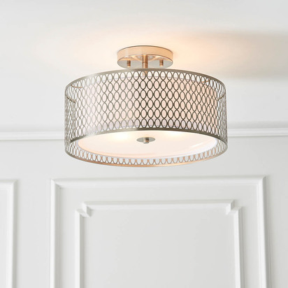 Twickenham 3lt flush Flush light Satin nickel plate, white fabric & frosted glass
