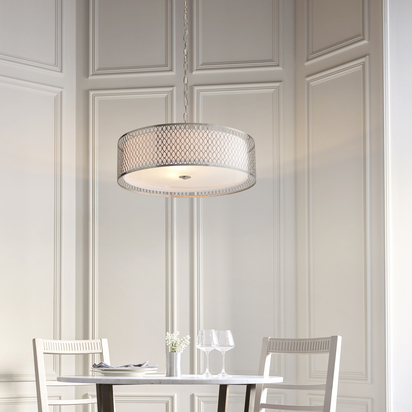 Twickenham 3lt pendant Pendant light Satin nickel plate, white fabric & frosted glass