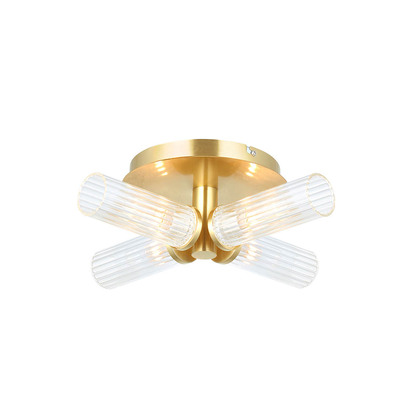 Calstead 4lt Semi Flush Semi flush light Satin brass plate & clear ribbed glass