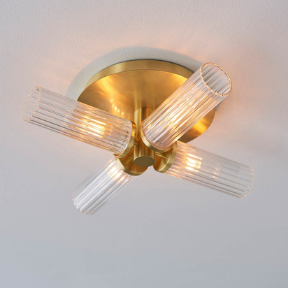 Calstead 4lt Semi Flush Semi flush light Satin brass plate & clear ribbed glass