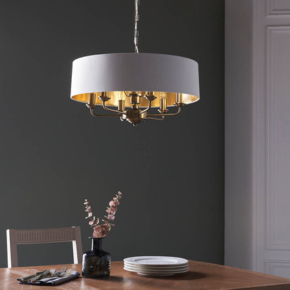 Beechbrook 6lt pendant Pendant light Antique brass plate & vintage white fabric