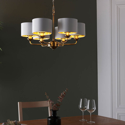 Beechbrook 6lt pendant Pendant light Antique brass plate & vintage white fabric