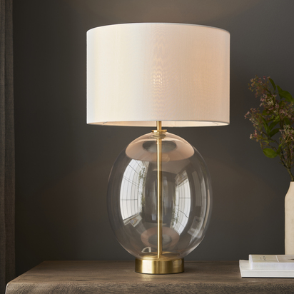 Belleigh Touch Table Table light Satin brass plate & clear glass with vintage white fabric