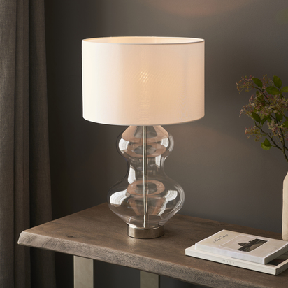Belmere Touch Table Table light Bright nickel plate & clear glass with vintage white fabric