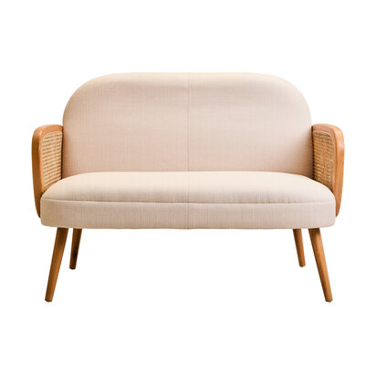 Cebu Ivory Fabric and Cane 2 Seat Sofa with Elm Wood Legs