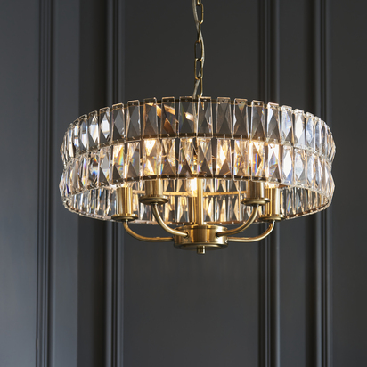 Sutton 5lt Pendant Pendant light Antique brass plate & clear crystal glass