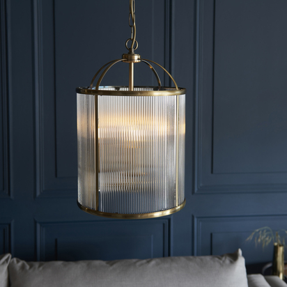 Blythebury 4lt Pendant Pendant light Antique brass plate & clear ribbed glass