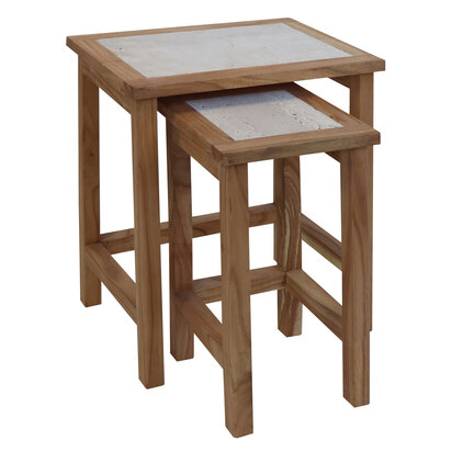 Freywod Small Set Of 2 Wooden Side Tables With Travertine Tops