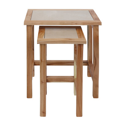 Freywod Small Set Of 2 Wooden Side Tables With Cream Marble Tops
