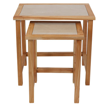 Freywod Large Set Of 2 Wooden Side Tables With Cream Marble Tops