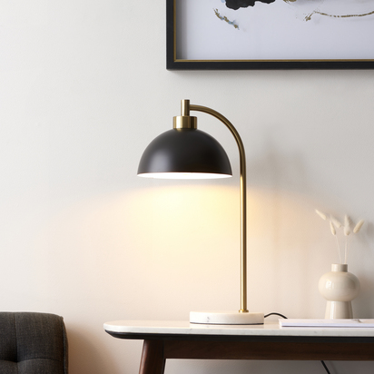 Henley Task Table Table light Matt black, antique brass plate & grey marble