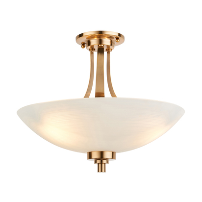Carcroft 3lt Semi Flush Flush light Brushed aged brass plate & white glass