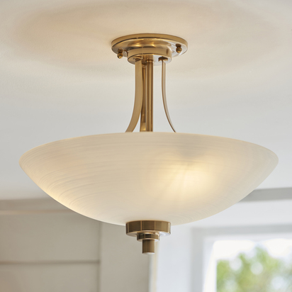 Carcroft 3lt Semi Flush Flush light Brushed aged brass plate & white glass