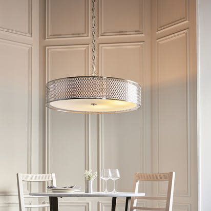 Twickenham 5lt Grand Pendant Pendant light Satin nickel plate, white fabric & frosted glass