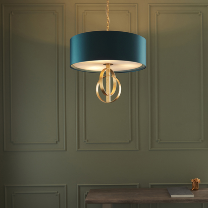 Waverley 3lt pendant antique gold leaf Pendant light Antique gold leaf & teal satin fabric