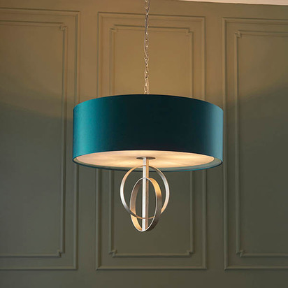 Winslow 5lt pendant antique silver leaf Pendant light Antique silver leaf & teal satin fabric