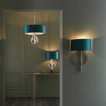 Winslow 3lt pendant antique silver leaf Pendant light Antique silver leaf & teal satin fabric
