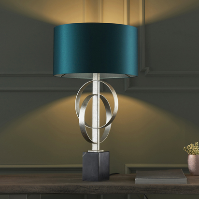 Wren table antique silver leaf Table light Antique silver leaf & teal satin fabric