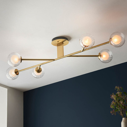 Aurelia 6lt semi flush satin brass plate Semi flush light Satin brass plate & clear/frosted glass