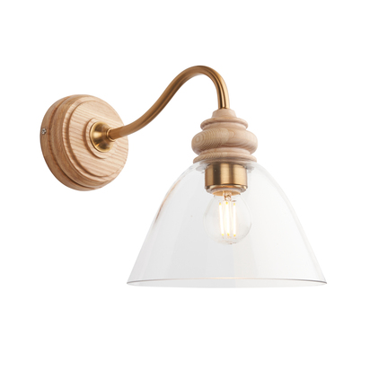 Waverley Wall Light Wall light Natural ash, brushed aged brass plate & clear glass