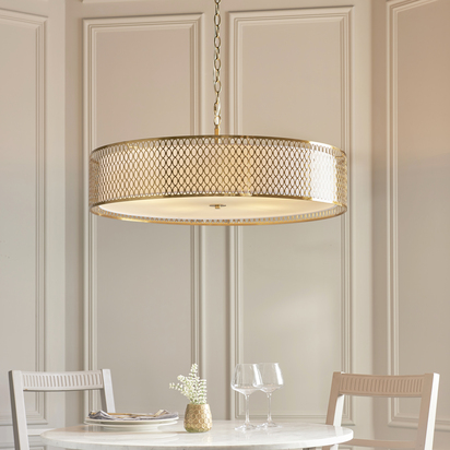 Twickenham 5lt Grand Pendant Pendant light Gold effect plate, white fabric & frosted glass