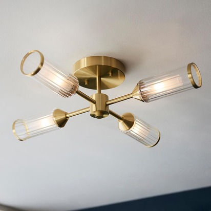 Riley 4lt semi flush satin brass plate with clear Semi flush light Satin brass plate with clear & frosted glass