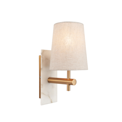 114200  Wall light Vintage brass, white marble effect & natural linen