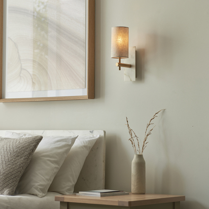 Amber Loft wall vintage brass finish, white marble effect Wall light Vintage brass finish, white marble effect & natural linen
