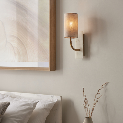 Amber Loft wall vintage brass finish, white marble effect Wall light Vintage brass finish, white marble effect & natural linen