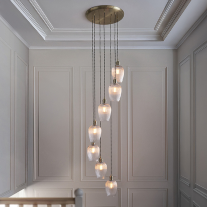 Ash Vale 7lt pendant antique brass plate Pendant light Antique brass plate & clear ribbed glass