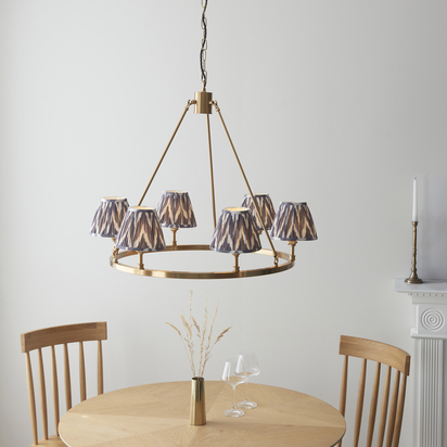 Seaton 6lt Pendant Pendant light Brushed aged brass plate & pearl grey fabric