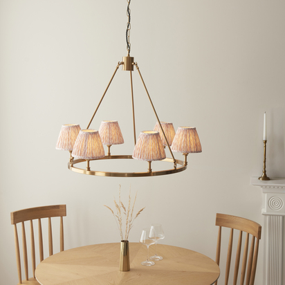 Sandford 6lt Pendant Pendant light Brushed aged brass plate & peachy keen fabric
