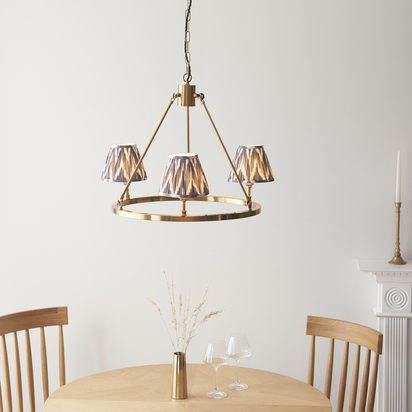 Seaton 3lt Pendant Pendant light Brushed aged brass plate & pearl grey fabric