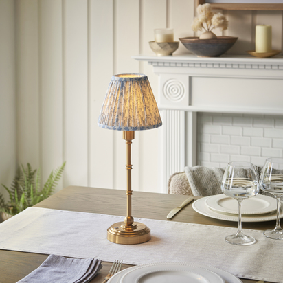 Kensington Table Table light Brushed aged brass plate & shell bay blue fabric
