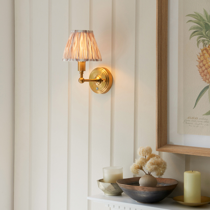 Highgate Wall Wall light Brushed aged brass plate & neutral print fabric