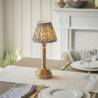 Carbury Table Table light Brushed aged brass plate & pearl grey fabric